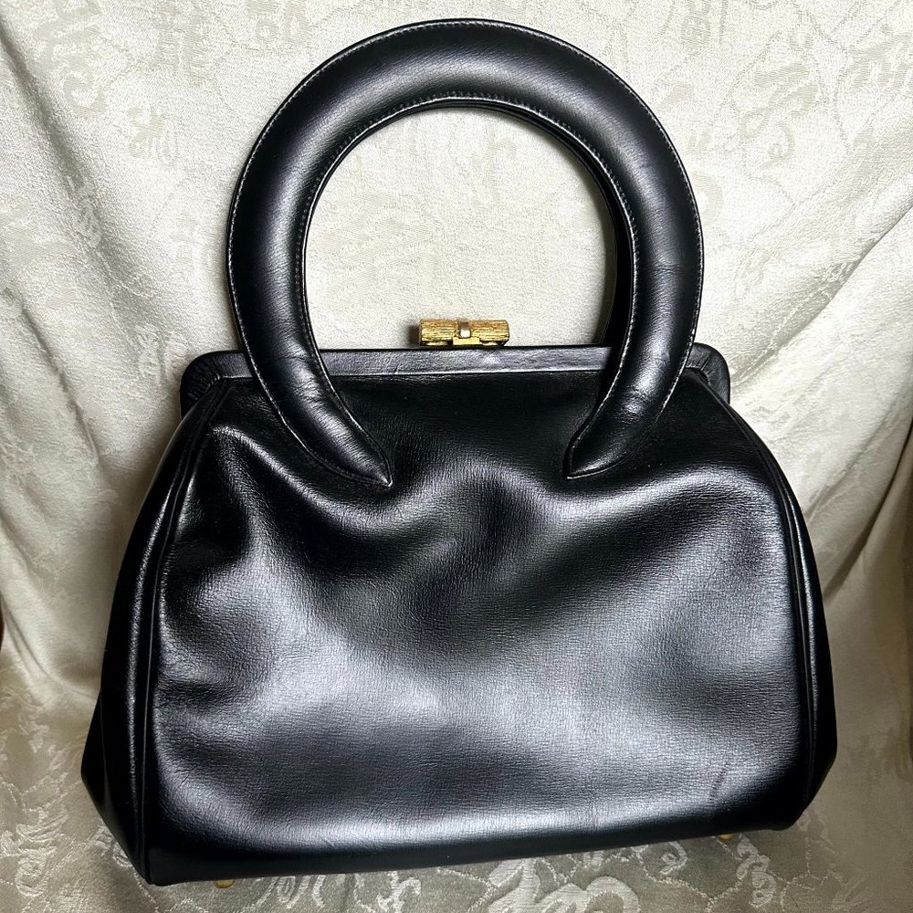 Vintage Dobbies Bags Top Handle Black Leather Purse with Gold Clasp